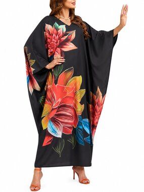 Floral Printed Polyester Caftan Dress Plus Size Loose Fit Swimsuit Cover Up Maxi